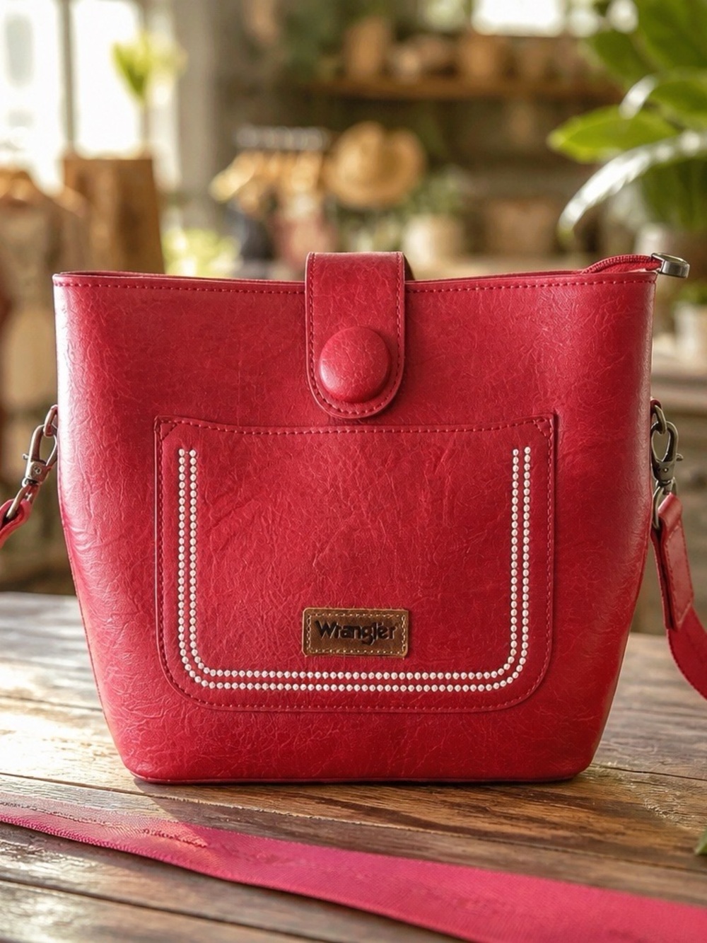 Wrangler Red Faux-Leather Crossbody with Studded Pocket Trim